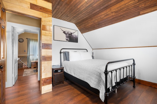 12 Oak Ave SE, Racine, MN 55967 - bedroom featuring vaulted ceiling, dark wood-style flooring, baseboards, and wood ceiling