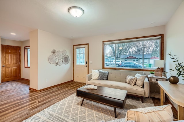 living room featuring baseboards and wood finished floors