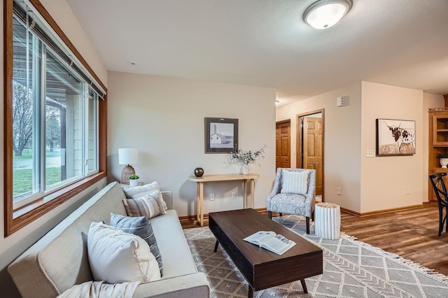 living area featuring baseboards and wood finished floors