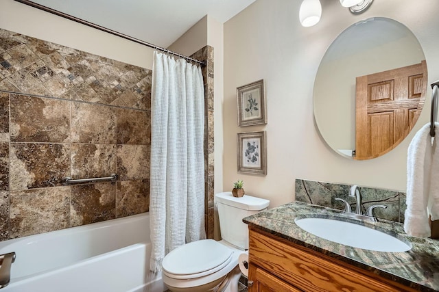 bathroom featuring vanity, shower / bathtub combination with curtain, and toilet