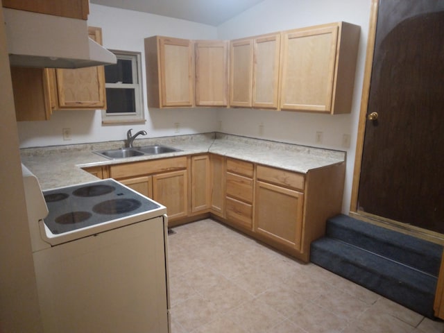 kitchen with light brown cabinetry, white range with electric stovetop, a sink, lofted ceiling, and under cabinet range hood