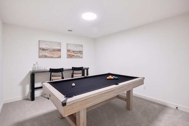 playroom with carpet floors, billiards, and baseboards