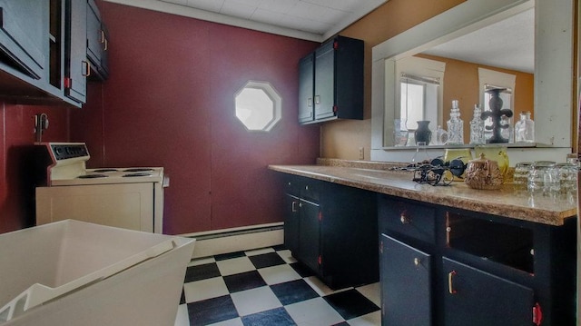 kitchen featuring baseboard heating, white electric range, light floors, light countertops, and blue cabinetry