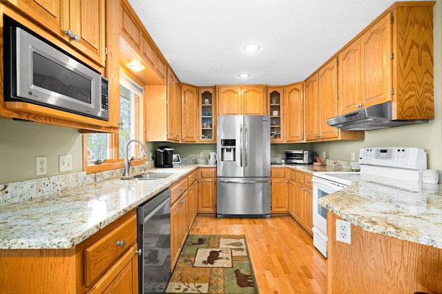 kitchen featuring light stone countertops, under cabinet range hood, light wood finished floors, a sink, and appliances with stainless steel finishes