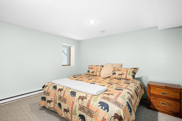 bedroom featuring a baseboard radiator, carpet flooring, and recessed lighting