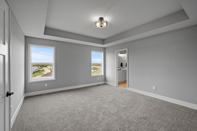 unfurnished room featuring a raised ceiling, baseboards, and light carpet
