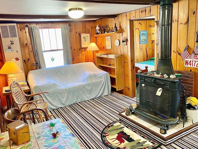 357 Glenmar Dr NE, Longville, MN 56655 - interior space featuring wooden walls and a wood stove