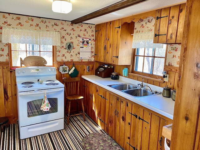 357 Glenmar Dr NE, Longville, MN 56655 - kitchen with wallpapered walls, a sink, white electric range, and brown cabinets