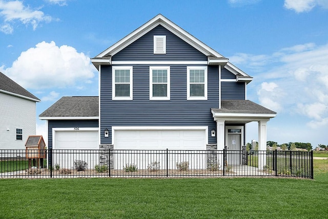 526 Goldenrod Trl, Waconia, MN 55387 - view of front of house with fence, an attached garage, roof with shingles, and a front yard