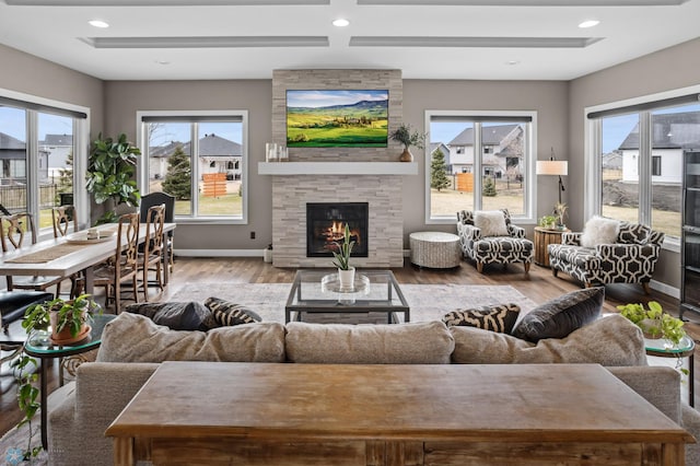 living area with wood finished floors, a fireplace, and recessed lighting