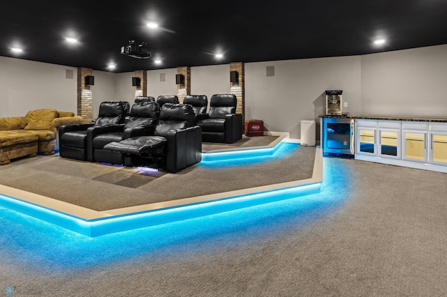 home theater with carpet and wine cooler