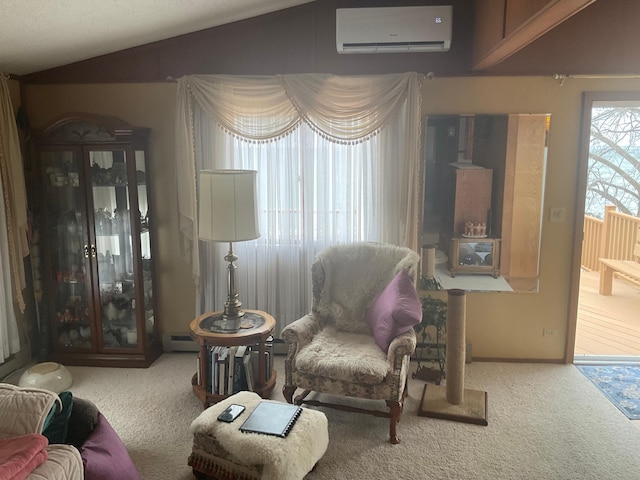 36074 County Highway 72, Everts Twp, MN 56515 - living area with lofted ceiling, a wall unit AC, carpet, and a baseboard radiator