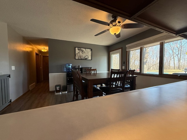 dining room featuring wood finished floors, a ceiling fan, and a textured ceiling