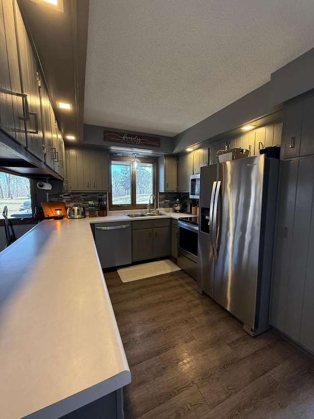 kitchen featuring appliances with stainless steel finishes, a sink, dark wood finished floors, a textured ceiling, and light countertops