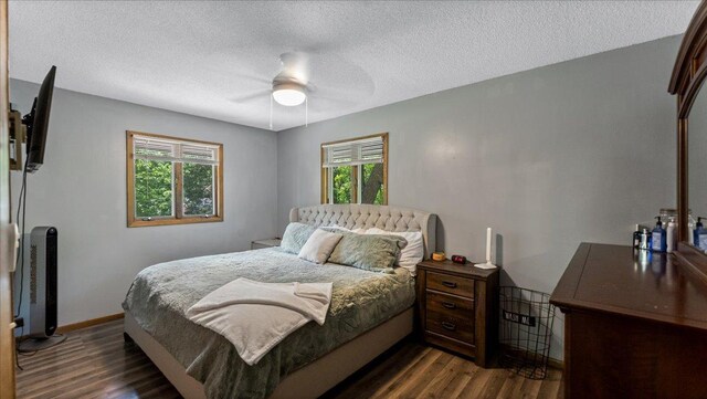 19593 Minnesota Highway 22, Greenleaf Twp, MN 55355 - bedroom with multiple windows, dark wood-style flooring, a textured ceiling, and ceiling fan