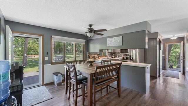 19593 Minnesota Highway 22, Greenleaf Twp, MN 55355 - dining area featuring plenty of natural light, dark wood-style floors, a ceiling fan, and a textured ceiling