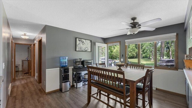 19593 Minnesota Highway 22, Greenleaf Twp, MN 55355 - dining room featuring a textured ceiling, dark wood-style floors, a ceiling fan, and baseboards
