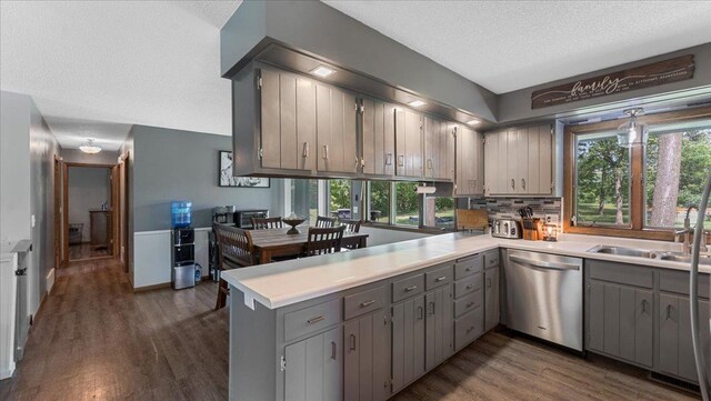 19593 Minnesota Highway 22, Greenleaf Twp, MN 55355 - kitchen with stainless steel dishwasher, gray cabinetry, a sink, a peninsula, and dark wood-type flooring