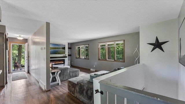19593 Minnesota Highway 22, Greenleaf Twp, MN 55355 - living room featuring wood finished floors, baseboards, a glass covered fireplace, and a textured ceiling