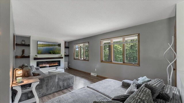 19593 Minnesota Highway 22, Greenleaf Twp, MN 55355 - living area featuring wood finished floors, a glass covered fireplace, baseboards, and a textured ceiling