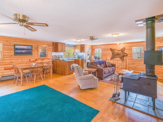 10823 Bollenbacher Rd, Garrison Twp, MN 56401 - living room with wood finished floors, a wood stove, log walls, and ceiling fan