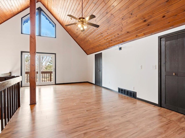 bonus room featuring a ceiling fan, wood ceiling, high vaulted ceiling, light wood-type flooring, and baseboards