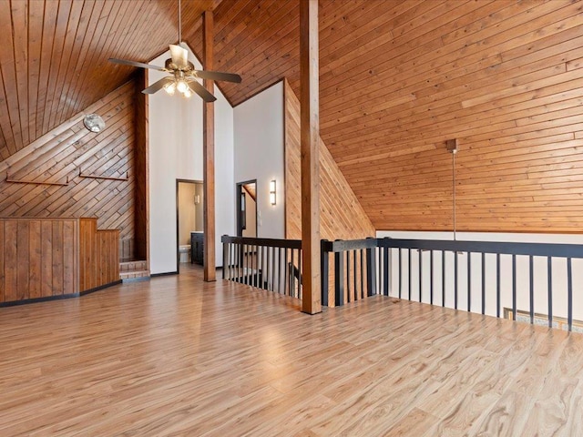 14122 13th Ave SW, Sylvan Twp, MN 56473 - bonus room featuring high vaulted ceiling, ceiling fan, wood finished floors, wooden walls, and wood ceiling