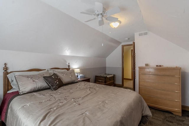 bedroom with lofted ceiling, visible vents, carpet floors, and ceiling fan
