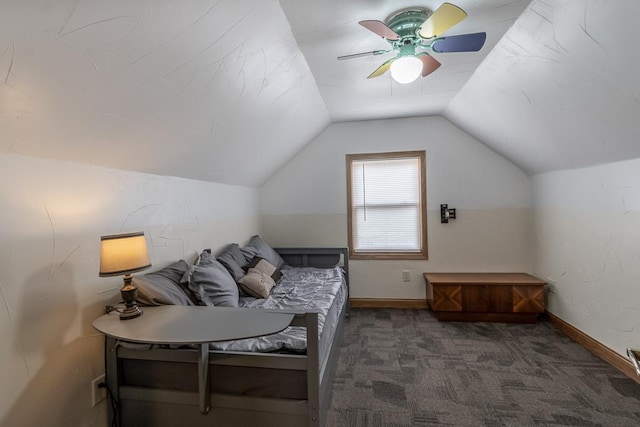 carpeted bedroom with lofted ceiling, baseboards, and ceiling fan