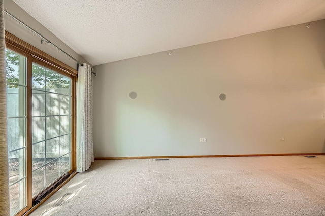 spare room featuring light colored carpet, baseboards, and a textured ceiling