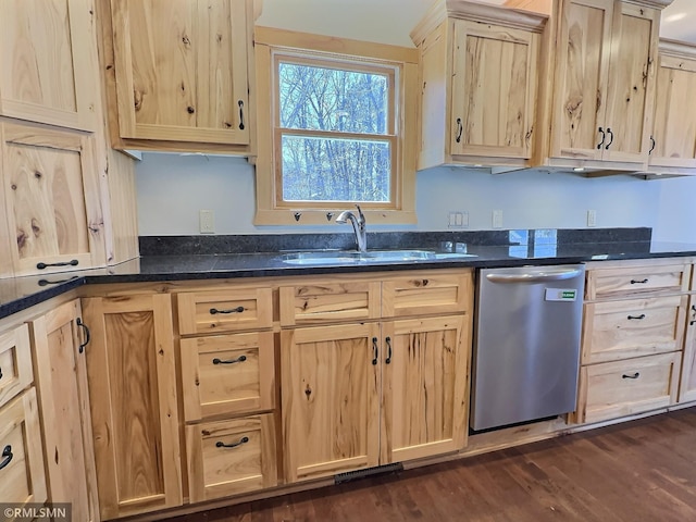 7861 Greer Ave NW, Maple Lake, MN 55358 - kitchen with stainless steel dishwasher, light brown cabinets, a sink, and dark wood-type flooring