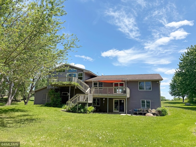 7861 Greer Ave NW, Maple Lake, MN 55358 - rear view of property with stairs, a wooden deck, and a lawn