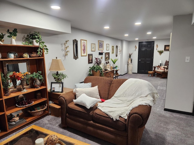 carpeted living room with recessed lighting