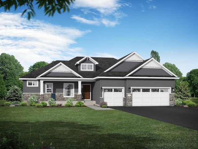 craftsman house featuring a front lawn, driveway, stone siding, and an attached garage