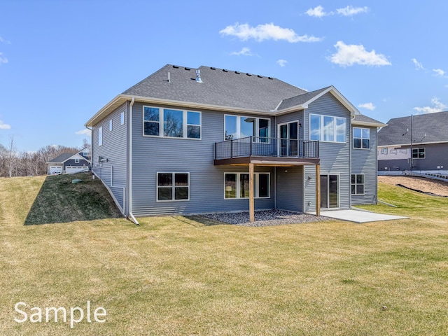 back of property featuring a patio area, a lawn, and a shingled roof