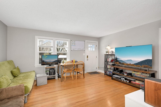 living area featuring wood finished floors and a textured ceiling