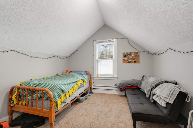 carpeted bedroom with lofted ceiling, a textured ceiling, and baseboard heating