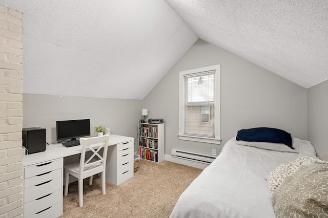 bedroom with a baseboard heating unit, carpet, a textured ceiling, and lofted ceiling