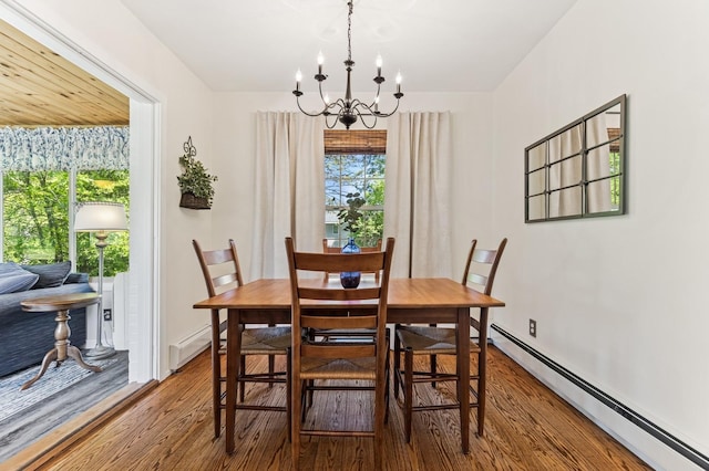 319 Meadow Ln, Benson, MN 56215 - dining area featuring a baseboard radiator, a chandelier, healthy amount of natural light, and wood finished floors