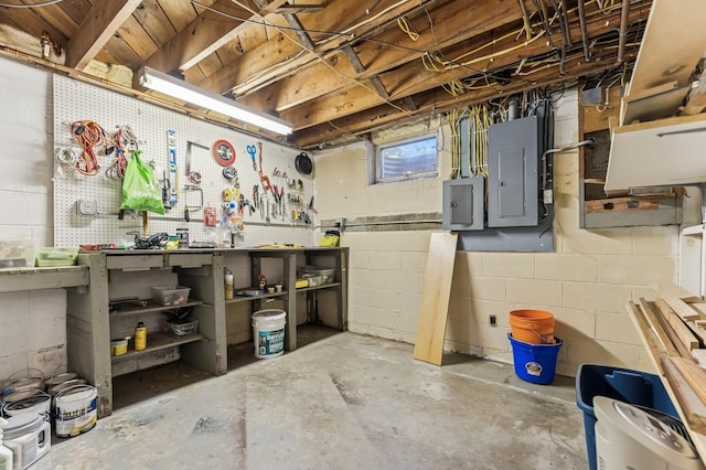 319 Meadow Ln, Benson, MN 56215 - basement featuring electric panel, a workshop area, and concrete block wall