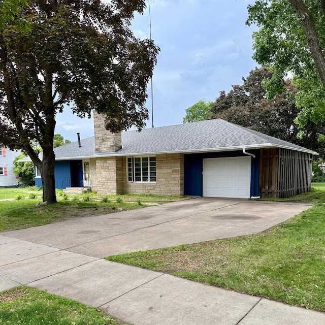 1331 8th Ave N, Saint Cloud, MN 56303 - ranch-style home featuring stone siding, a chimney, driveway, an attached garage, and roof with shingles