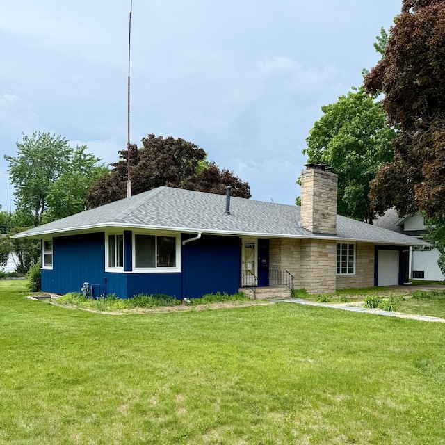 1331 8th Ave N, Saint Cloud, MN 56303 - single story home with a chimney, an attached garage, a front lawn, and a shingled roof