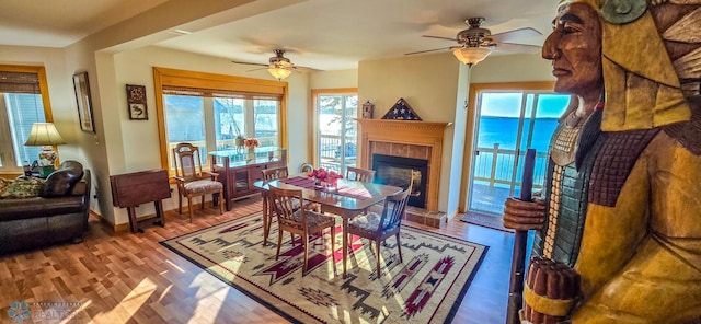 29972 293rd St, Little Elbow Twp, MN 56589 - dining area with a fireplace, ceiling fan, and wood finished floors