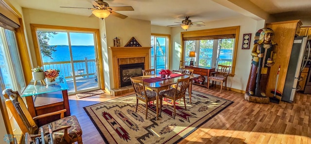 29972 293rd St, Little Elbow Twp, MN 56589 - dining room featuring ceiling fan, a fireplace, wood finished floors, and a water view