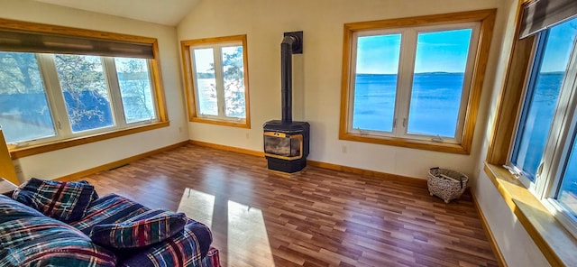 29972 293rd St, Little Elbow Twp, MN 56589 - unfurnished living room with a wood stove, wood finished floors, lofted ceiling, and baseboards