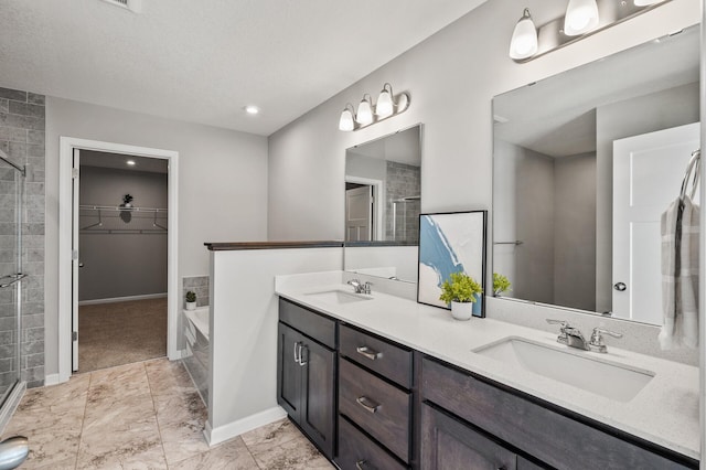 bathroom with a walk in closet, double vanity, a shower stall, and a sink