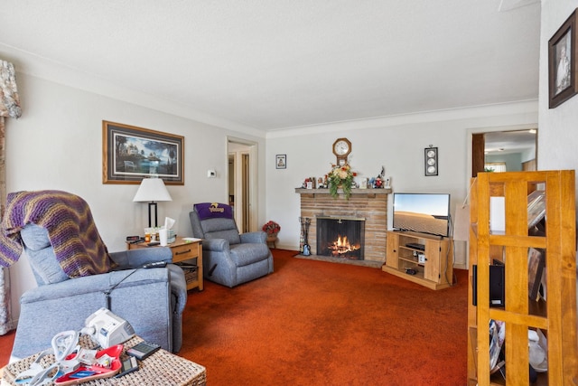 6021 10th Ave S, Minneapolis, MN 55417 - carpeted living room featuring a fireplace with flush hearth and crown molding