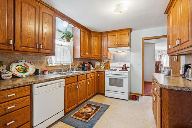 6021 10th Ave S, Minneapolis, MN 55417 - kitchen with white appliances, under cabinet range hood, a sink, tasteful backsplash, and brown cabinetry