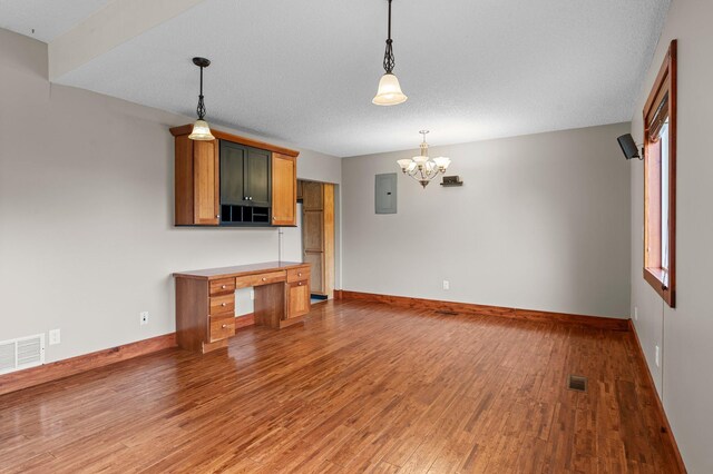 28008 Lake Diann Rd, Baldwin Twp, MN 55398 - unfurnished living room with electric panel, a chandelier, and light wood finished floors