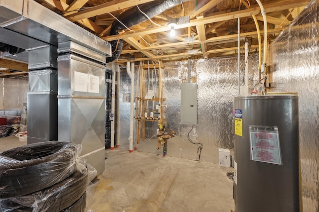 unfinished basement with water heater, heating unit, and electric panel